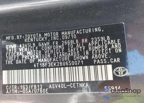 2011 Toyota Camry Le from USA, damaged, VIN 4T1BF3EK2BU650071